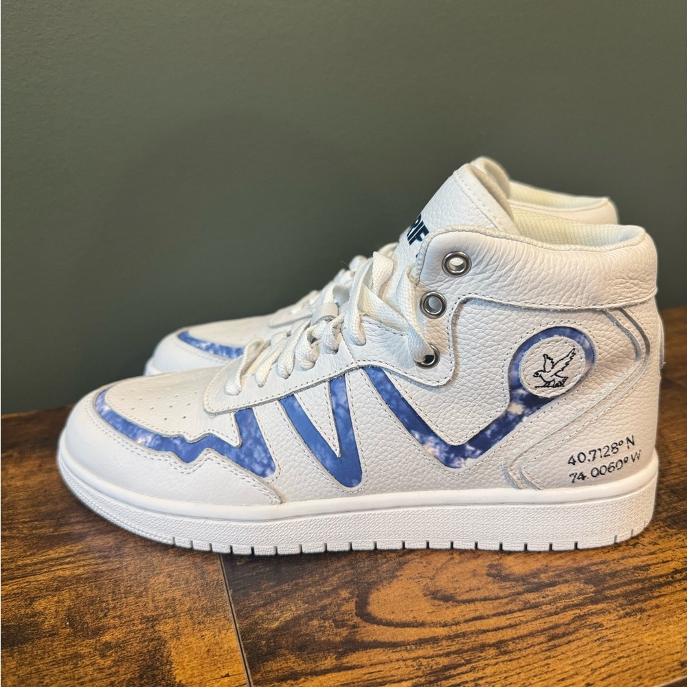 White and Blue Drifts Early Bird High-Top Sneakers